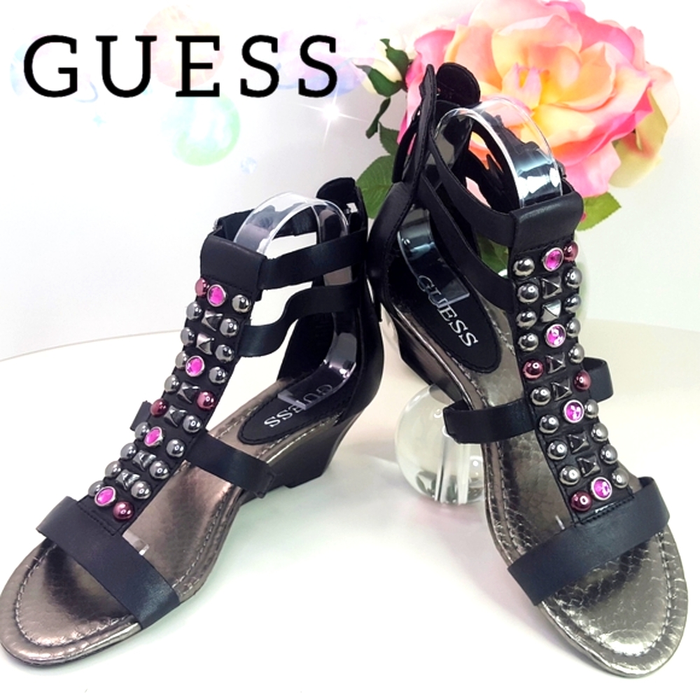GUESS 90's-Y2K🎀Strappy Leather Low Wedge Heel Sandal☆Studs